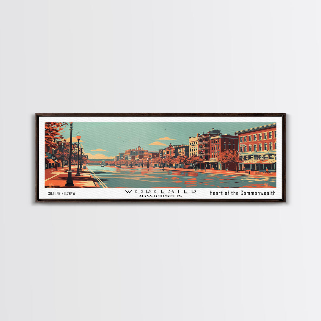 Worcester Massachusetts Panoramic Wall Art, Mid Century Modern Framed Canvas Print, Retro Pop Art Travel Poster, Cityscape Decor, Office Wall Art