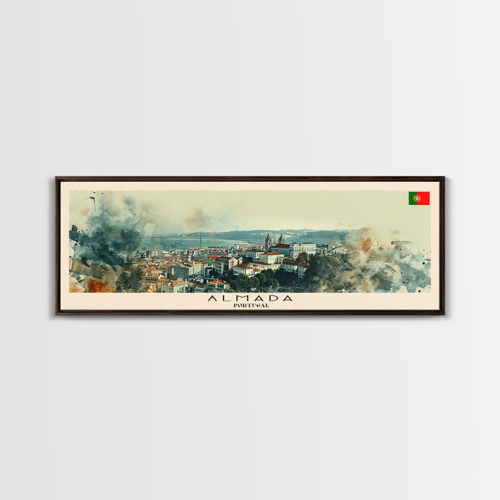 Almada Portugal Travel Art, City Art, Framed Canvas Print or Metal Wall Art, Europe Travel Poster, Panoramic Wall Art, Extra Wide Wall Art