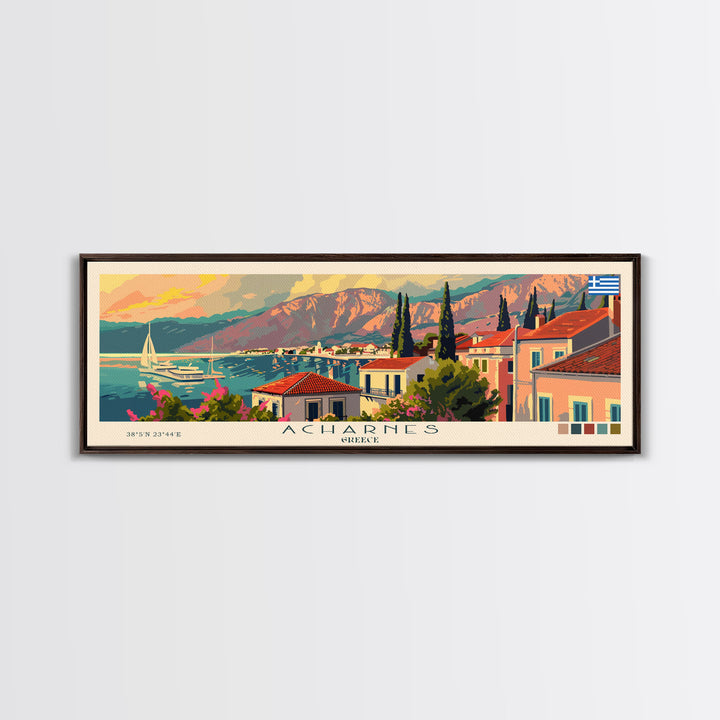 Acharnes Greece Travel Print Wall Art, Panoramic City Art, Travel Art, Wall Decor, Vacation Gift, Framed Canvas Print Or Metal Art