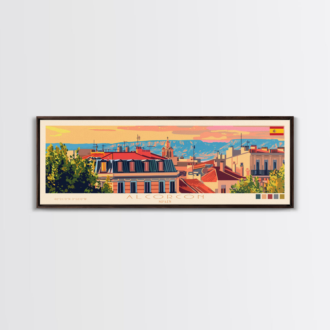 Alcorcón Spain Panoramic Travel Poster, Framed Canvas Print or Metal Wall Art, Travel Art, Home Decor, Panoramic Painting, Midcentury Art