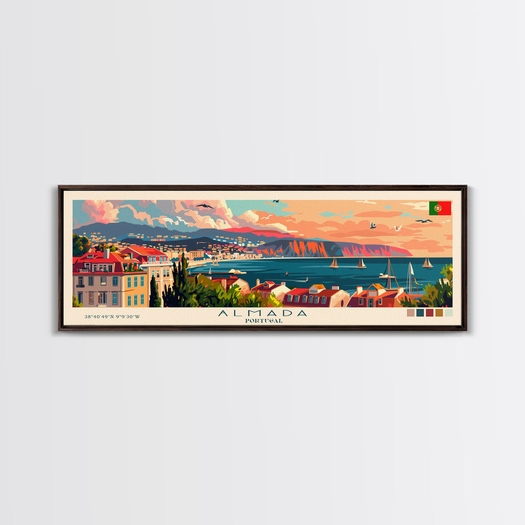 Almada  Portugal Travel Art, City Art, Framed Canvas Print or Metal Wall Art, Europe Travel Poster, Panoramic Wall Art, Extra Wide Wall Art