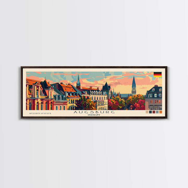 Augsburg Germany Panoramic Travel Poster, Framed Canvas Print or Metal Wall Art, Travel Art, Home Decor, Panoramic Painting, Midcentury Art