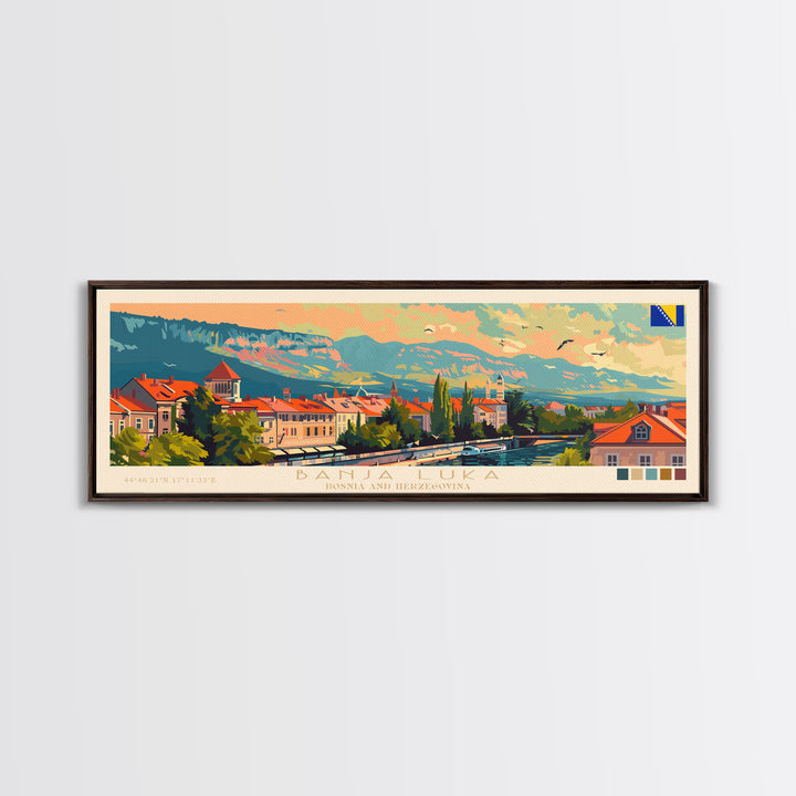 Banja Luka Bosnia Panoramic Travel Poster, Framed Canvas Print or Metal Wall Art, Travel Art, Home Decor, Panoramic Painting, Midcentury Art