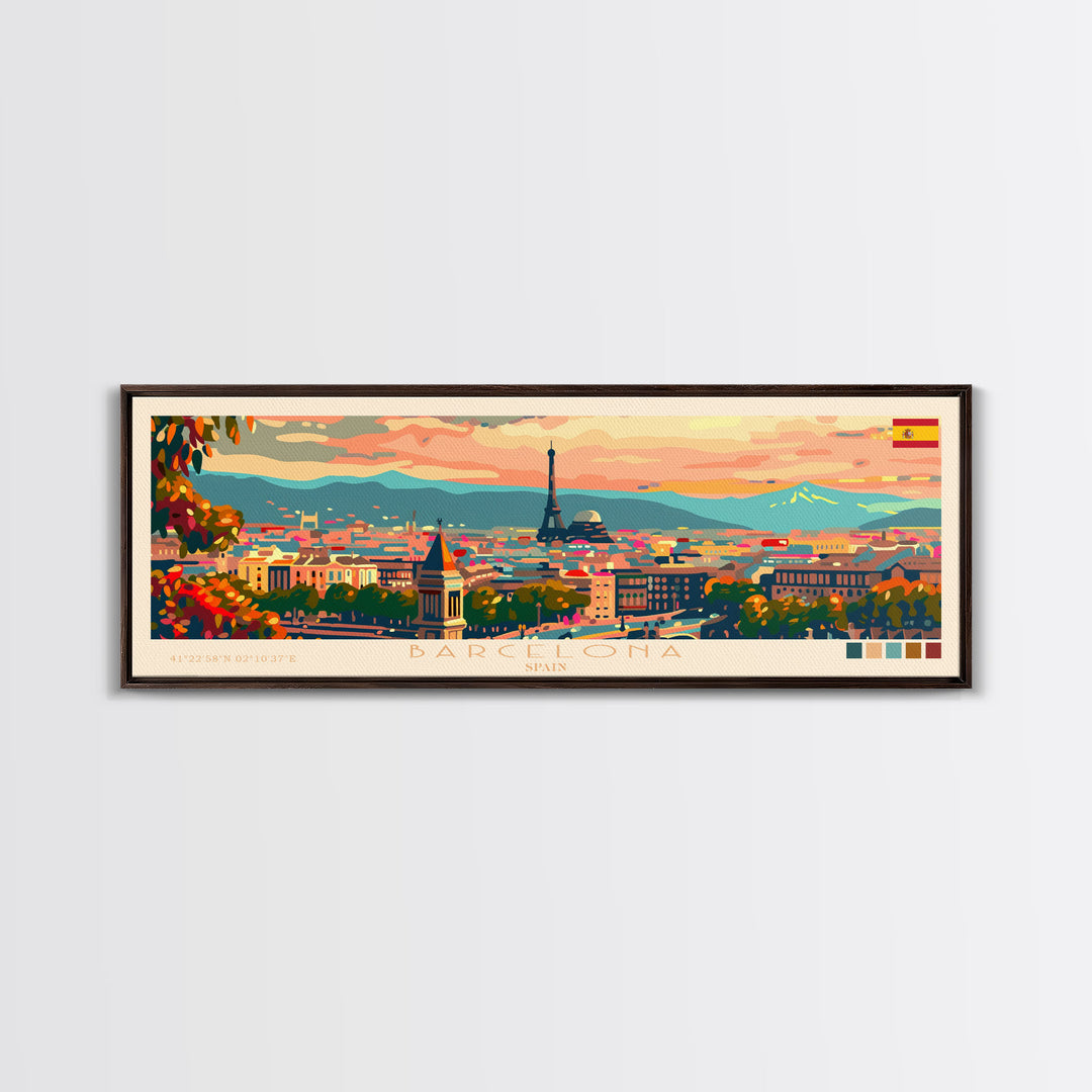 Barcelona Spain Travel Print Wall Art, Panoramic City Art, Travel Art, Wall Decor, Vacation Gift, Framed Canvas Print Or Metal Art