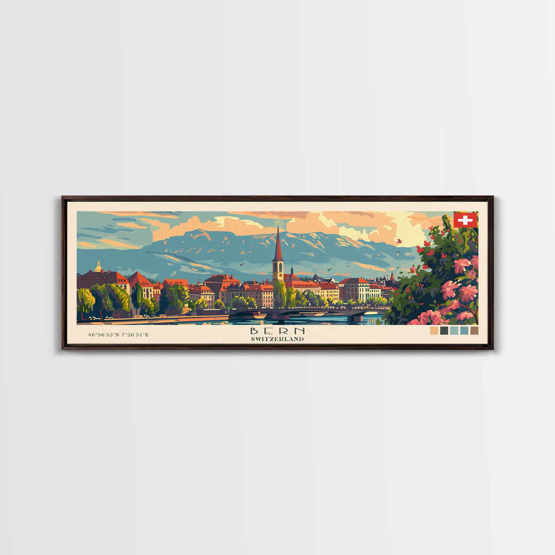 Bern Switzerland Travel Art, City Art, Framed Canvas Print or Metal Wall Art, Europe Travel Poster, Panoramic Wall Art, Extra Wide Wall Art