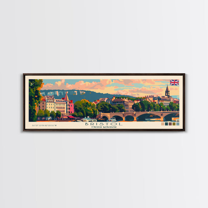 Bristol United Kingdom Panoramic Travel Poster, Framed Canvas Print or Metal Wall Art, Travel Art, Home Decor, Panoramic Painting, Midcentury Art