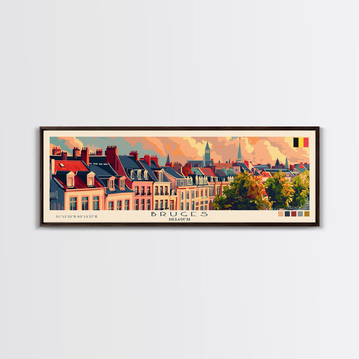 Bruges Belgium Travel Art, City Art, Framed Canvas Print or Metal Wall Art, Europe Travel Poster, Panoramic Wall Art, Extra Wide Wall Art