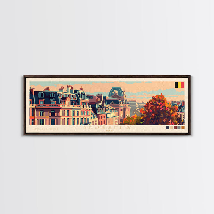 Brussels Belgium Panoramic Travel Poster, Framed Canvas Print or Metal Wall Art, Travel Art, Home Decor, Panoramic Painting, Midcentury Art