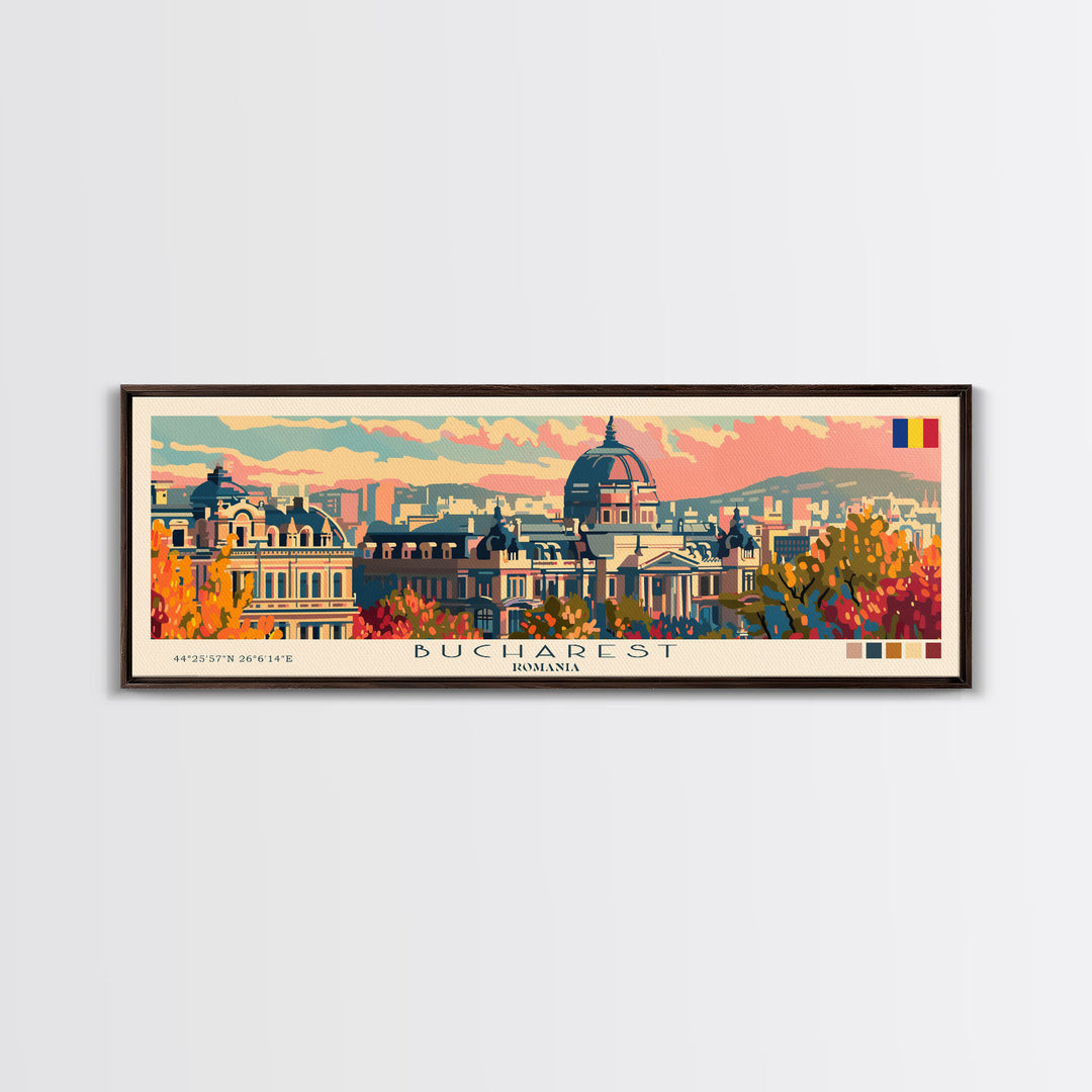 Bucharest Romania Wall Art, Panoramic Travel Poster, Panoramic Framed Canvas Print, City Wall Art, Wall Hanging Home Decor, Travel Art