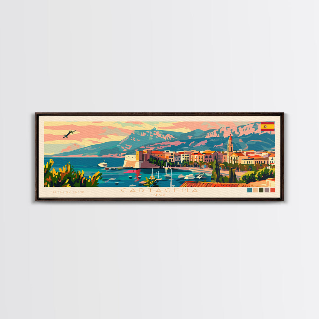 Cartagena Spain Panoramic Travel Poster, Framed Canvas Print or Metal Wall Art, Travel Art, Home Decor, Panoramic Painting, Midcentury Art