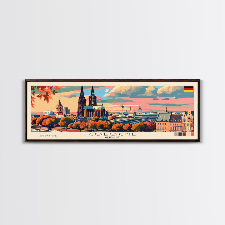 Cologne Germany Panoramic Travel Poster, Framed Canvas Print or Metal Wall Art, Travel Art, Home Decor, Panoramic Painting, Midcentury Art