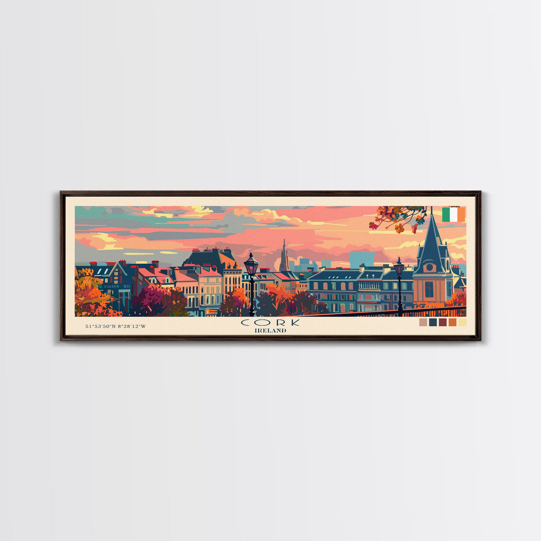 Cork Ireland Panoramic Travel Poster, Framed Canvas Print or Metal Wall Art, Travel Art, Home Decor, Panoramic Painting, Midcentury Art