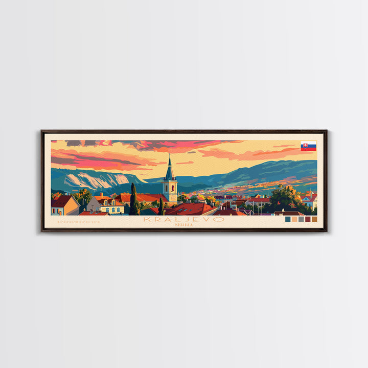 Kraljevo Serbia Panoramic Travel Poster, Framed Canvas Print or Metal Wall Art, Travel Art, Home Decor, Panoramic Painting, Midcentury Art