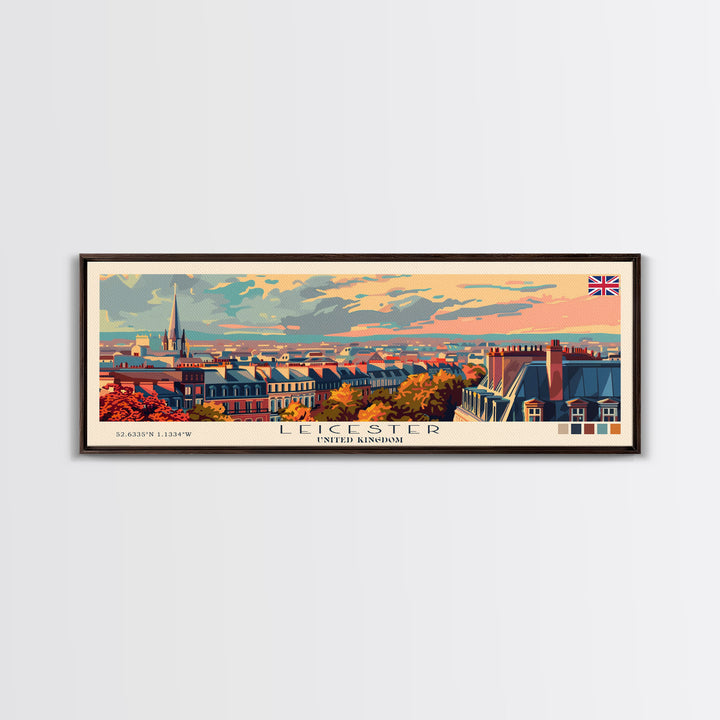 Leicester United Kingdom Travel Art, City Art, Framed Canvas Print or Metal Wall Art, Europe Travel Poster, Panoramic Wall Art, Extra Wide Wall Art