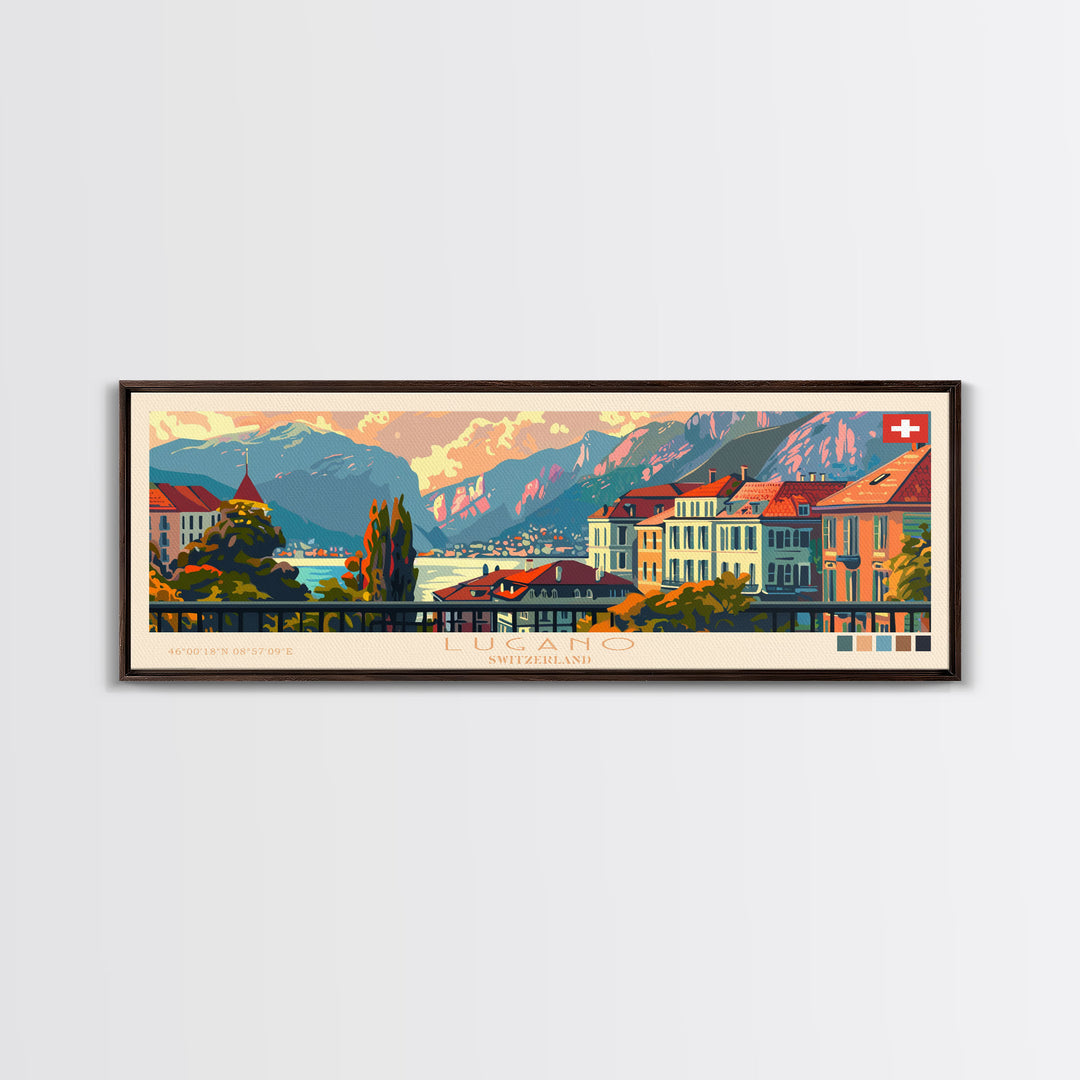 Lugano Switzerland Panoramic Travel Poster, Framed Canvas Print or Metal Wall Art, Travel Art, Home Decor, Panoramic Painting, Midcentury Art