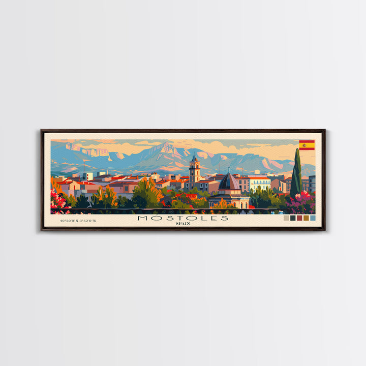 Mostoles Spain Panoramic Travel Poster, Framed Canvas Print or Metal Wall Art, Travel Art, Home Decor, Panoramic Painting, Midcentury Art