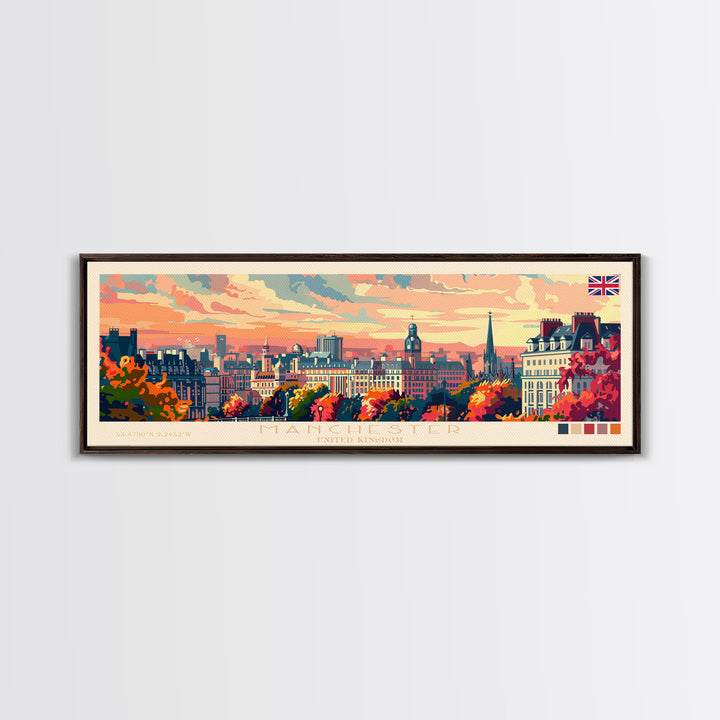 Manchester United Kingdom Panoramic Travel Poster, Framed Canvas Print or Metal Wall Art, Travel Art, Home Decor, Panoramic Painting, Midcentury Art