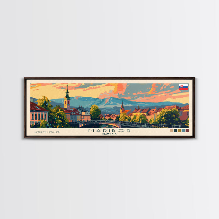 Maribor Slovenia Panoramic Travel Poster, Framed Canvas Print or Metal Wall Art, Travel Art, Home Decor, Panoramic Painting, Midcentury Art