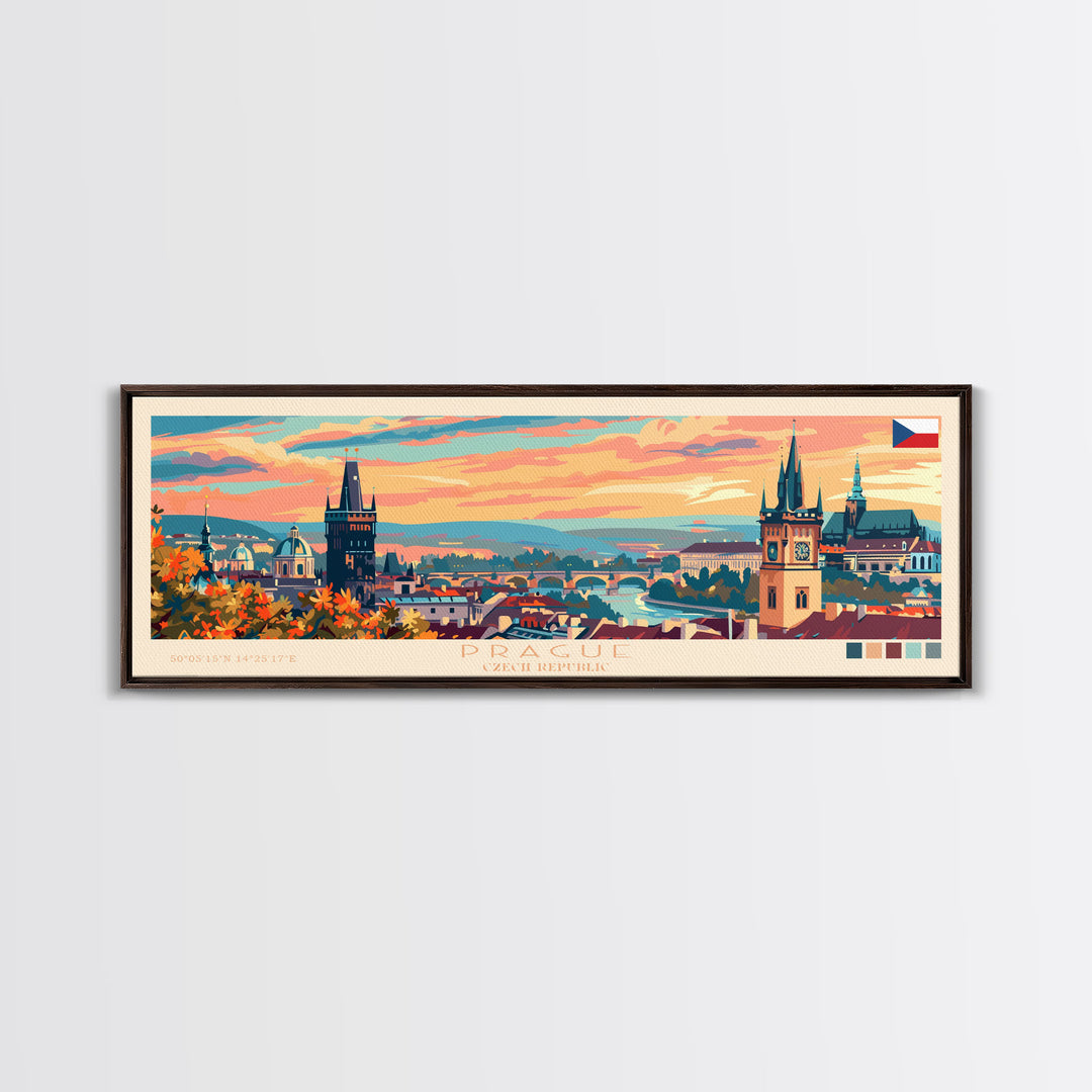 Prague Czech Republic Travel Art, City Art, Framed Canvas Print or Metal Wall Art, Europe Travel Poster, Panoramic Wall Art, Extra Wide Wall Art