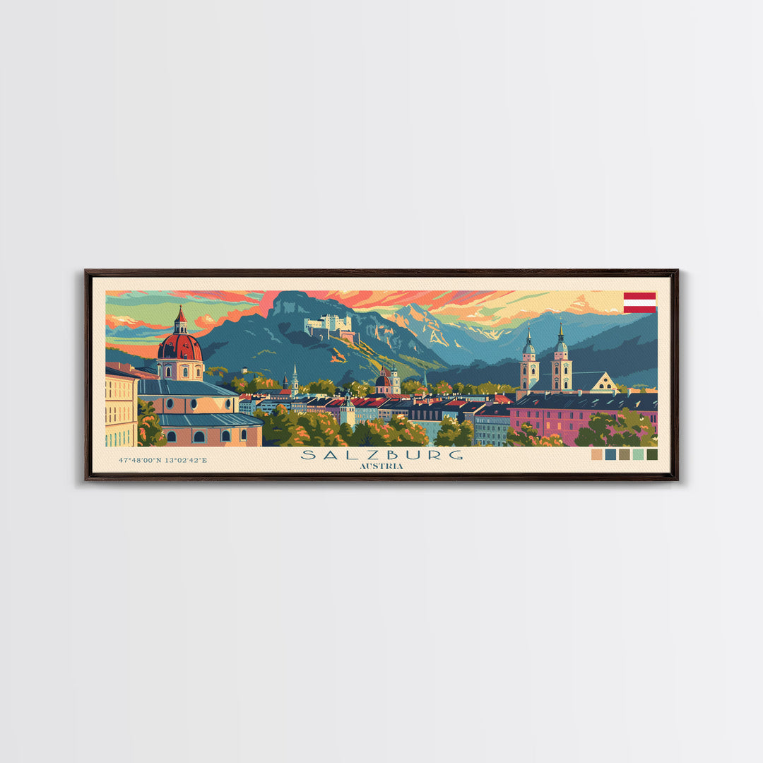 Salzburg Austria Panoramic Travel Poster, Framed Canvas Print or Metal Wall Art, Travel Art, Home Decor, Panoramic Painting, Midcentury Art