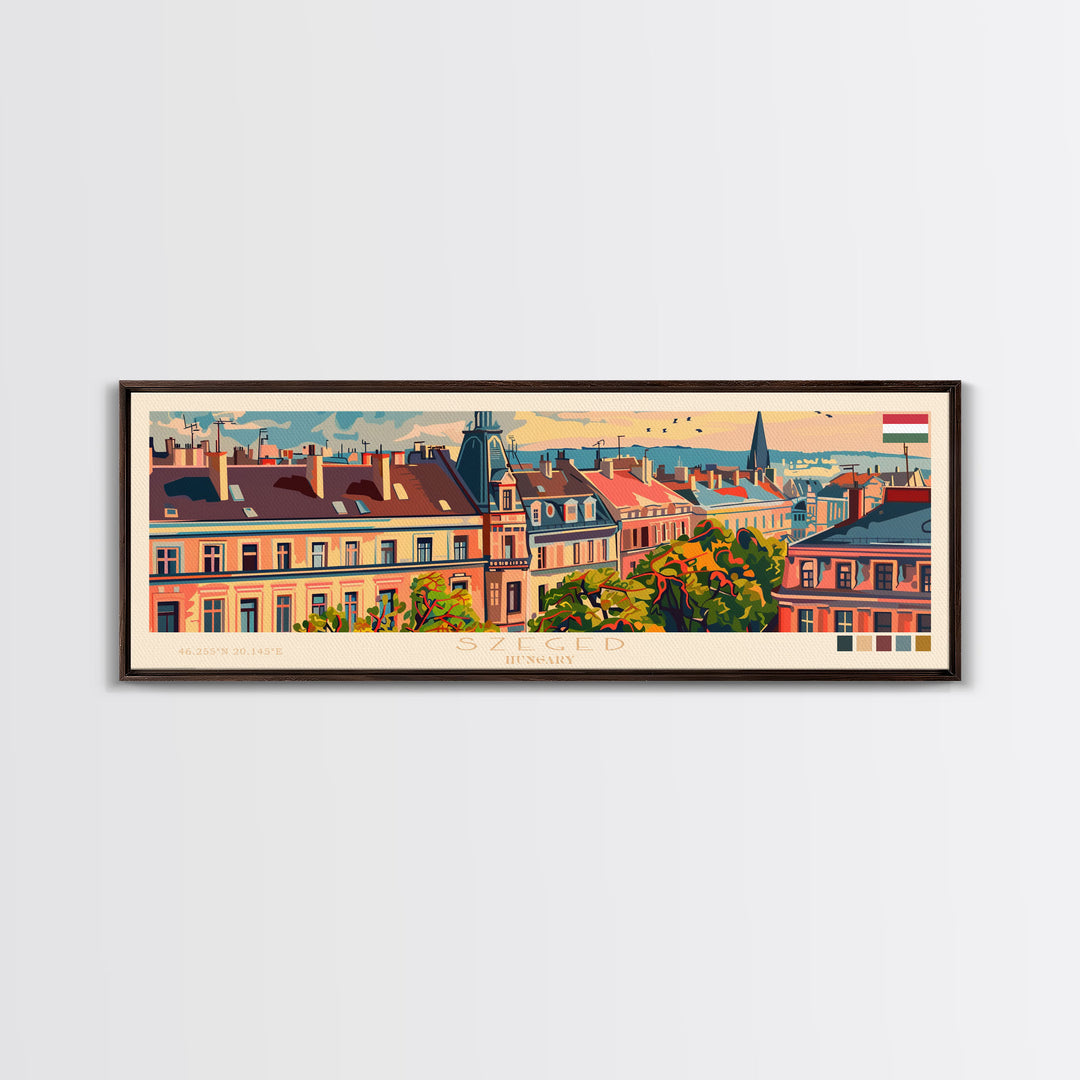 Szeged Hungary Travel Art, City Art, Framed Canvas Print or Metal Wall Art, Europe Travel Poster, Panoramic Wall Art, Extra Wide Wall Art