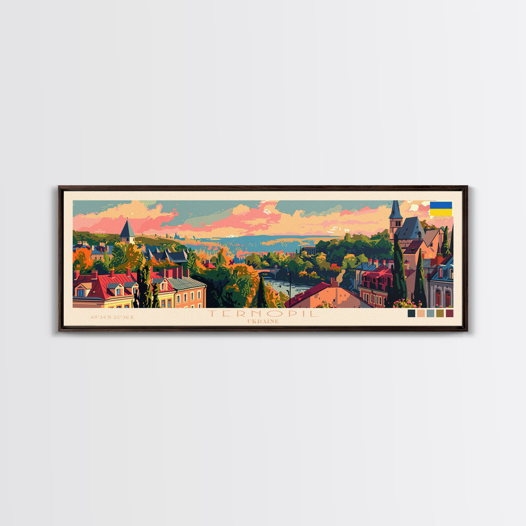 Ternopil Ukraine Panoramic Travel Poster, Framed Canvas Print or Metal Wall Art, Travel Art, Home Decor, Panoramic Painting, Midcentury Art