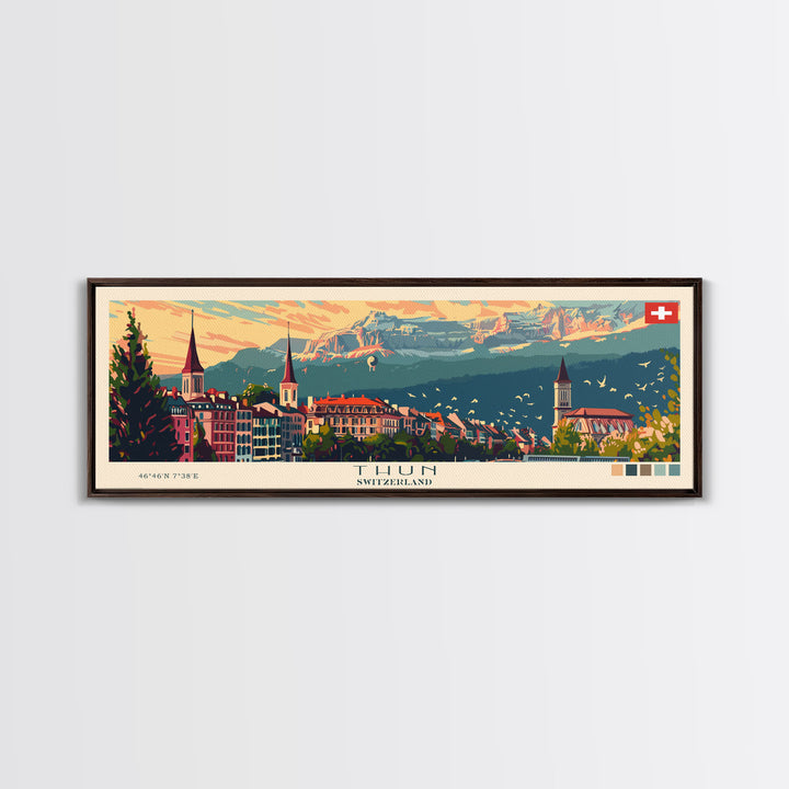 Thun Switzerland Panoramic Travel Poster, Framed Canvas Print or Metal Wall Art, Travel Art, Home Decor, Panoramic Painting, Midcentury Art