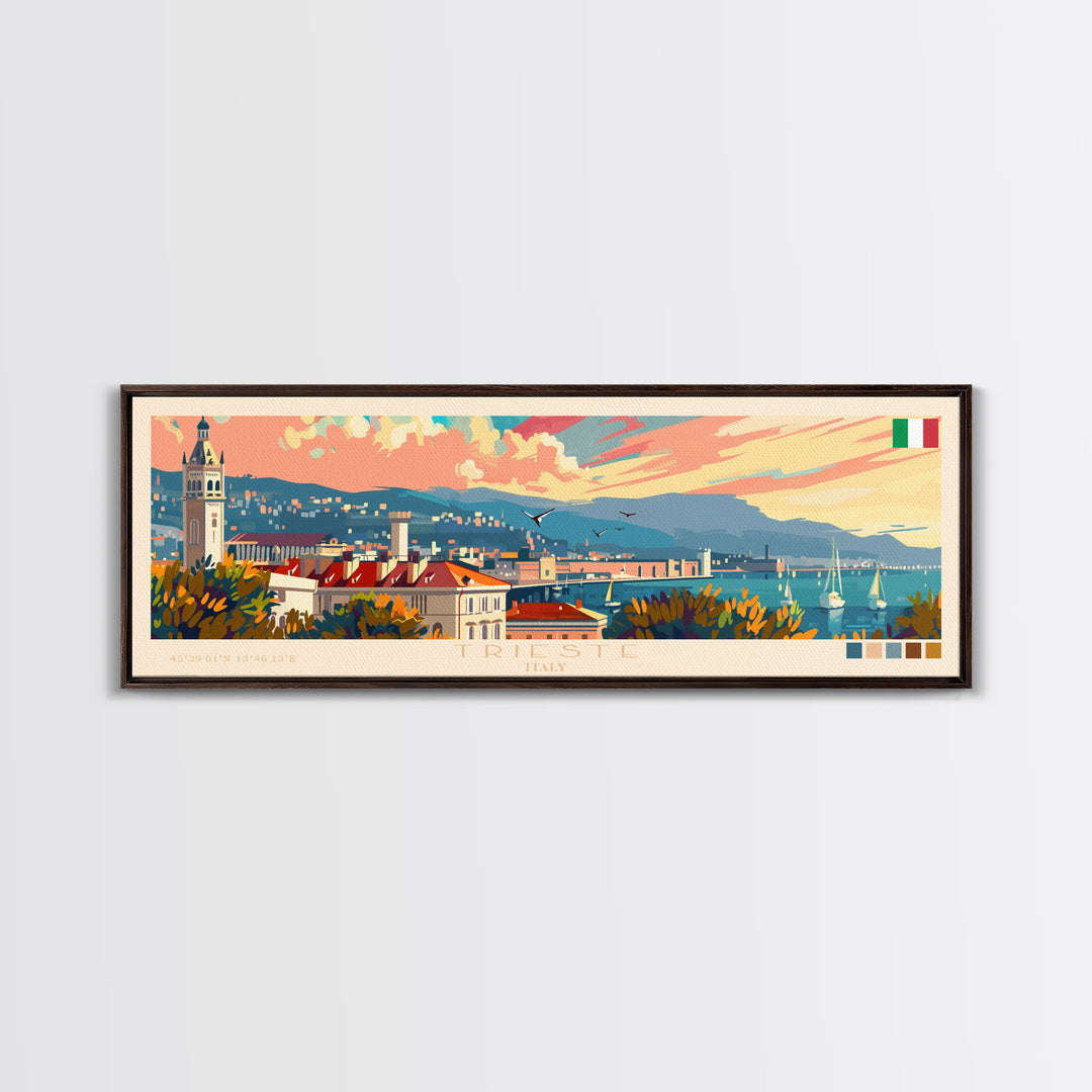 Trieste Italy Panoramic Travel Poster, Framed Canvas Print or Metal Wall Art, Travel Art, Home Decor, Panoramic Painting, Midcentury Art