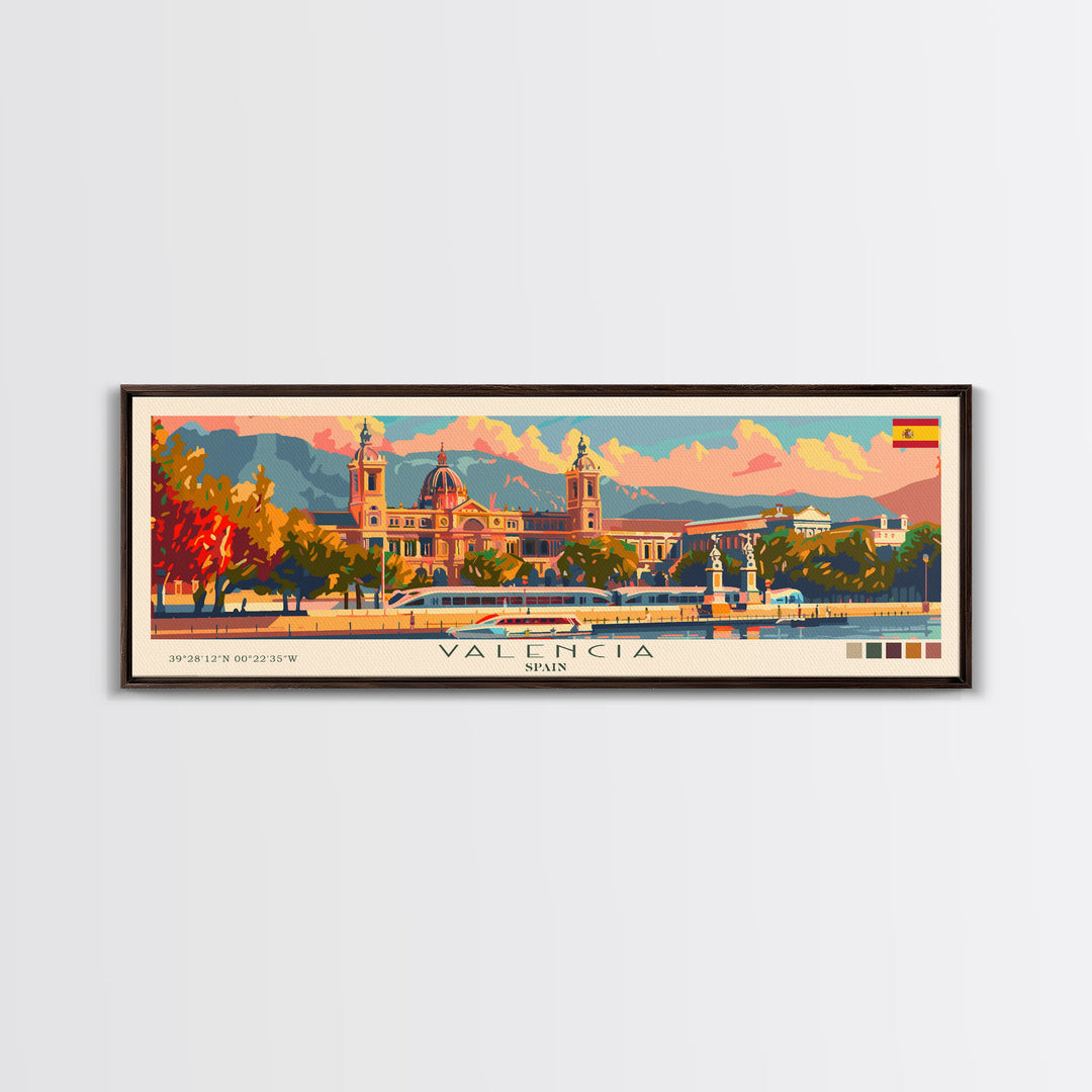 Valencia Spain Travel Art, City Art, Framed Canvas Print or Metal Wall Art, Europe Travel Poster, Panoramic Wall Art, Extra Wide Wall Art