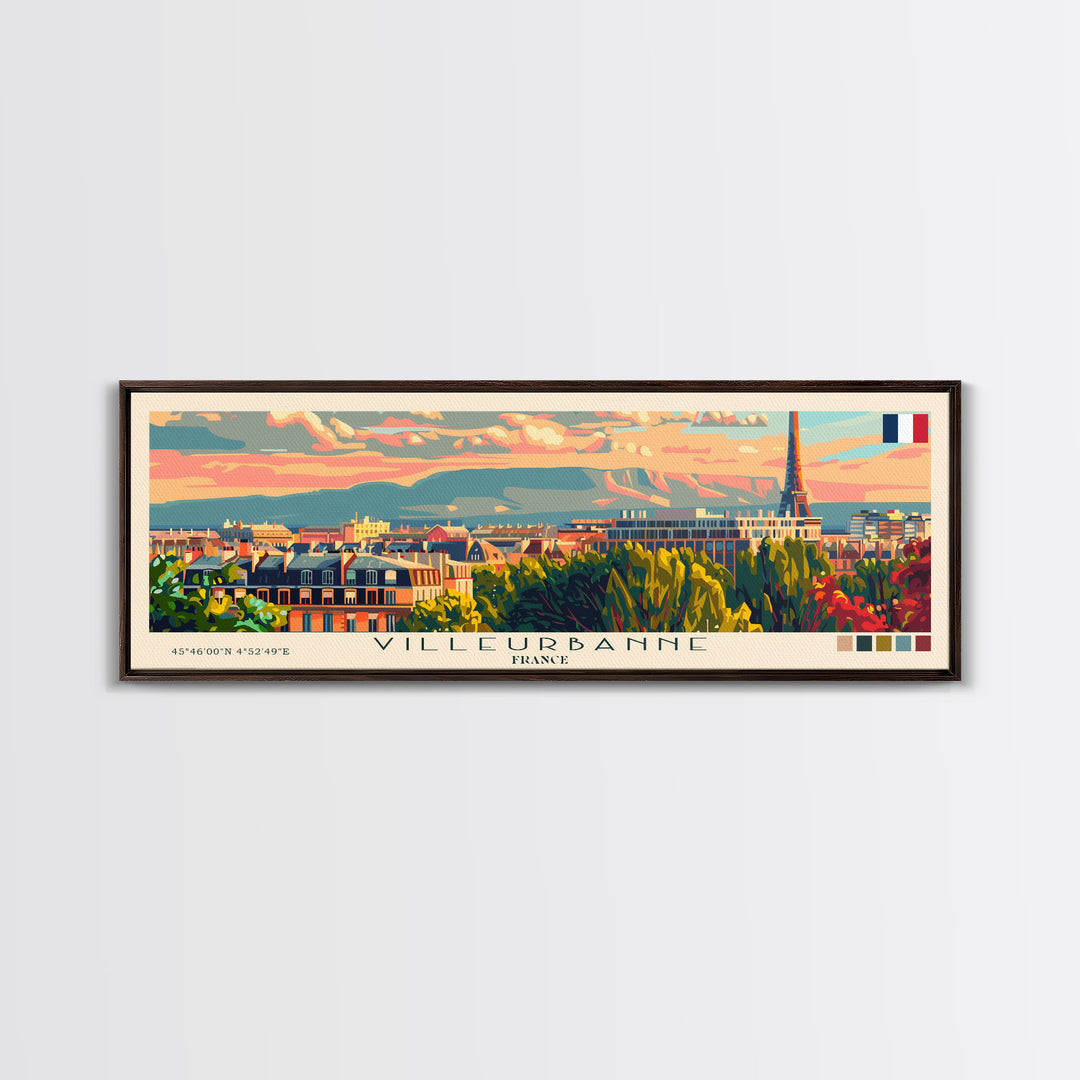 Villeurbanne France Panoramic Travel Poster, Framed Canvas Print or Metal Wall Art, Travel Art, Home Decor, Panoramic Painting, Midcentury Art