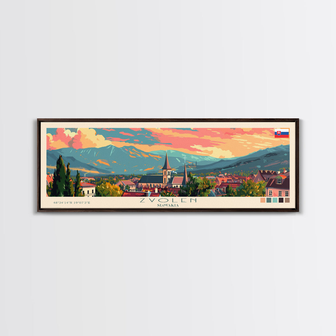 Zvolen Slovakia Panoramic Travel Poster, Framed Canvas Print or Metal Wall Art, Travel Art, Home Decor, Panoramic Painting, Midcentury Art