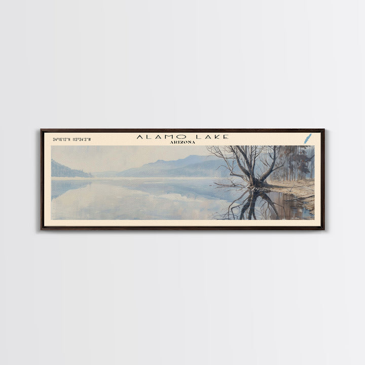 Alamo Lake Arizona Panoramic Framed Canvas Print, Lake House Decor, Minimalist Art, Travel Poster, Wood Wall Art, Scenic Painting