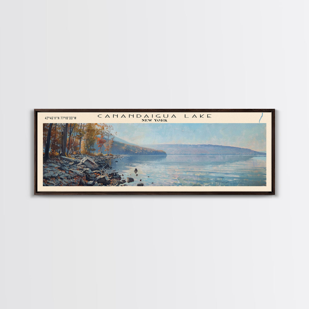 Canandaigua Lake New York Framed Canvas Print, Lake House Art, Panoramic Wall Art, Travel Poster, Modern Lake Painting, Nature Art