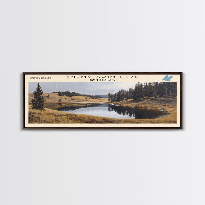 Enemy Swim Lake South Dakota Framed Canvas Print, Lake House Decor, Panoramic Wall Art, Travel Poster, Rustic Lake Painting, Home Decor