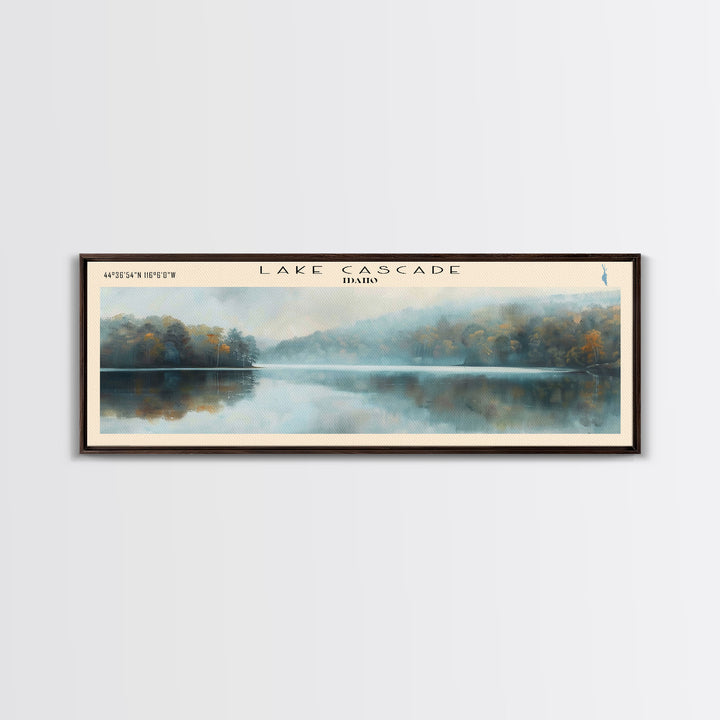 Lake Cascade Framed Canvas Print, Panoramic Lake House Decor, Wall Art, Travel Poster, Beautiful Lake Painting, Nature Art