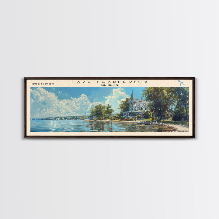 Lake Charlevoix Michigan Framed Canvas Print, Lake House Decor, Panoramic Wall Art, Travel Poster, Stunning Landscape Painting, Home Art