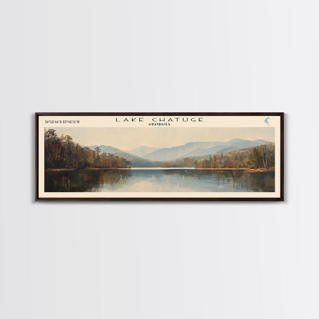 Lake Chatuge Georgia Framed Canvas Print, Lake House Decor, Panoramic Wall Art, Travel Poster, Serene Lake Painting, Nature Art