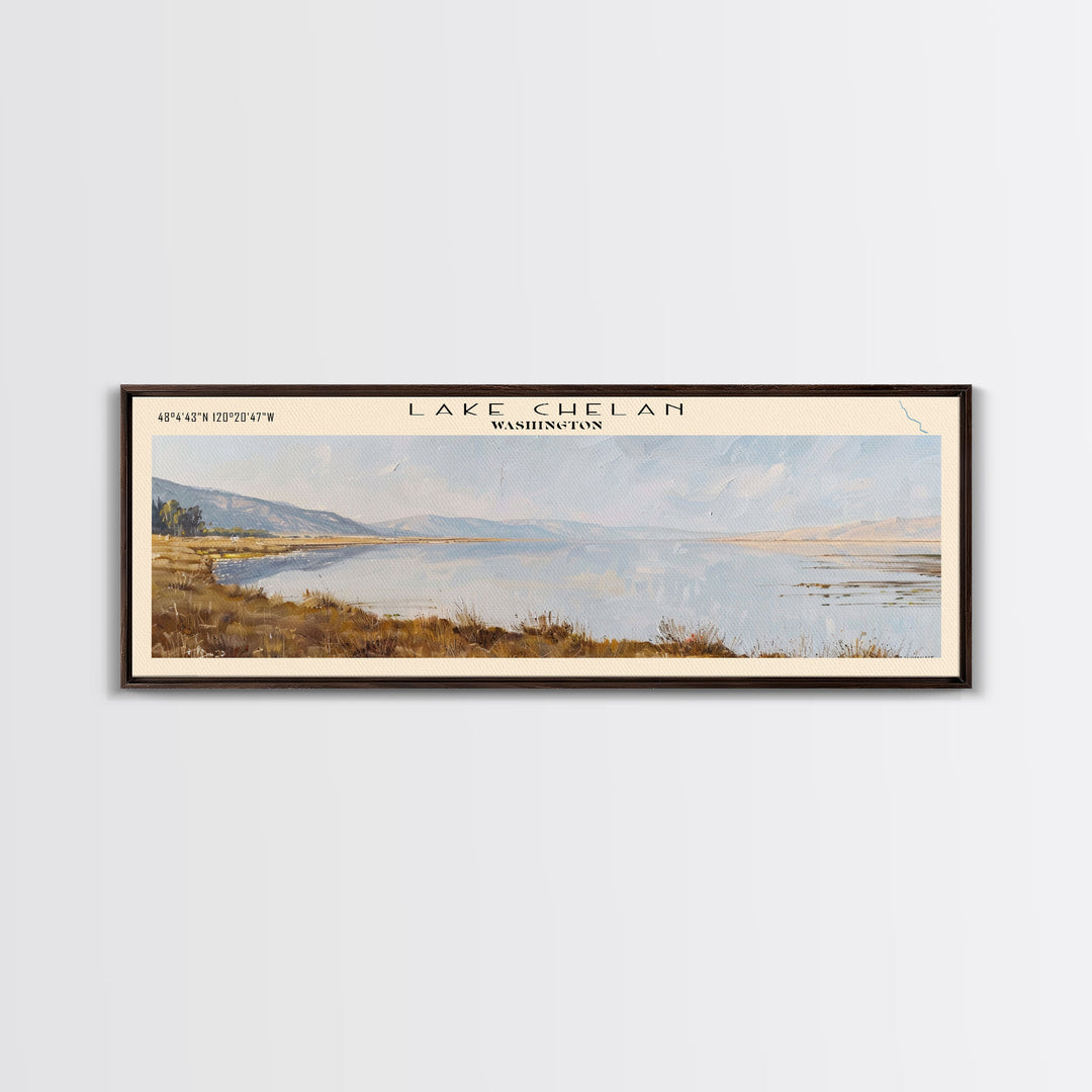 Lake Chelan Washington Framed Canvas Print, Lake House Decor, Panoramic Wall Art, Travel Poster, Scenic Lake Painting, Nature Art