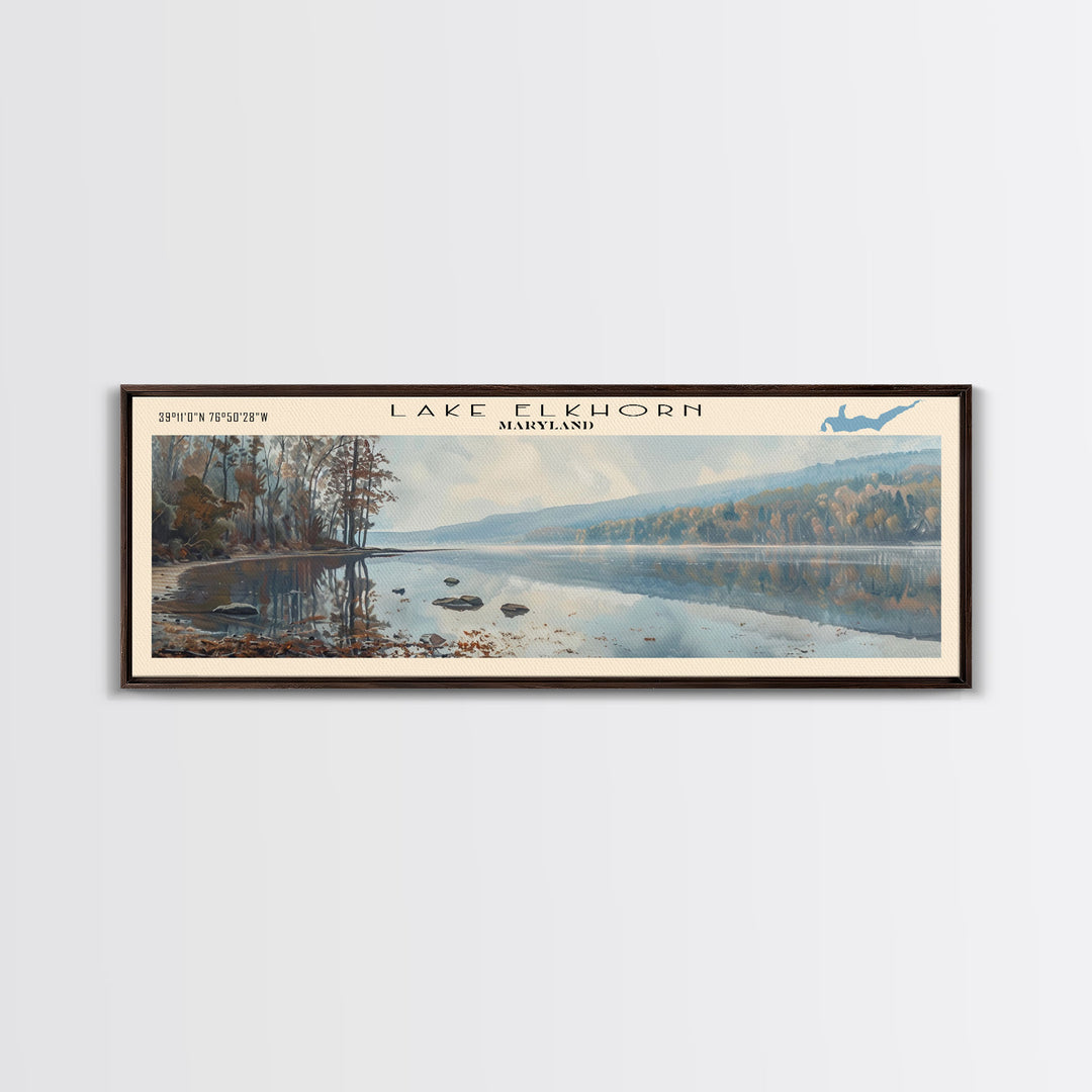 Lake Elkhorn Maryland Framed Canvas Print, Lake House Decor, Panoramic Wall Art, Travel Poster, Serene Lake Painting, Nature Art