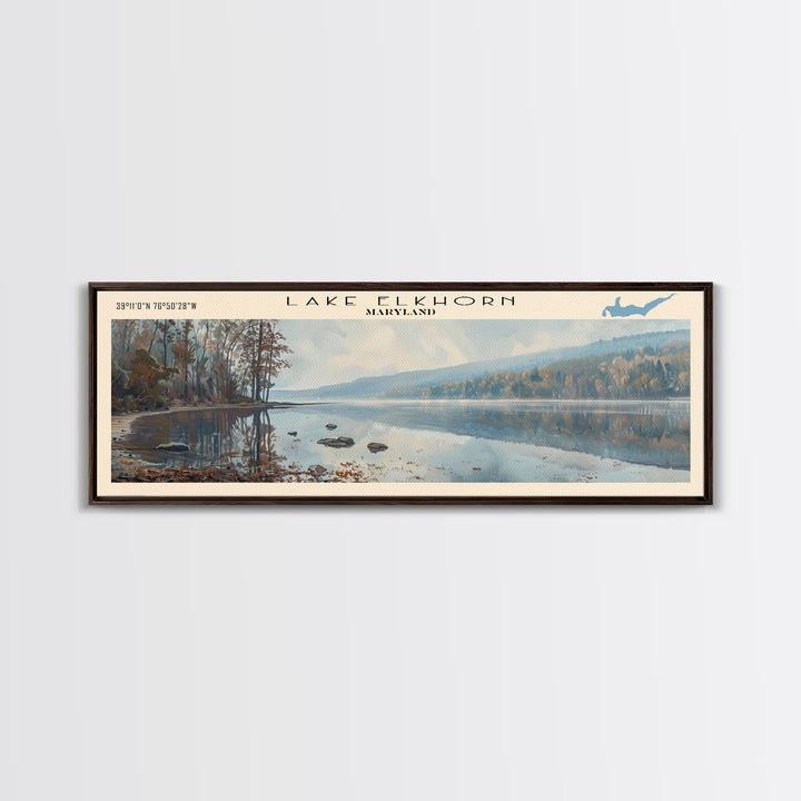 Lake Elkhorn Maryland Framed Canvas Print, Lake House Decor, Panoramic Wall Art, Travel Poster, Serene Lake Painting, Nature Art