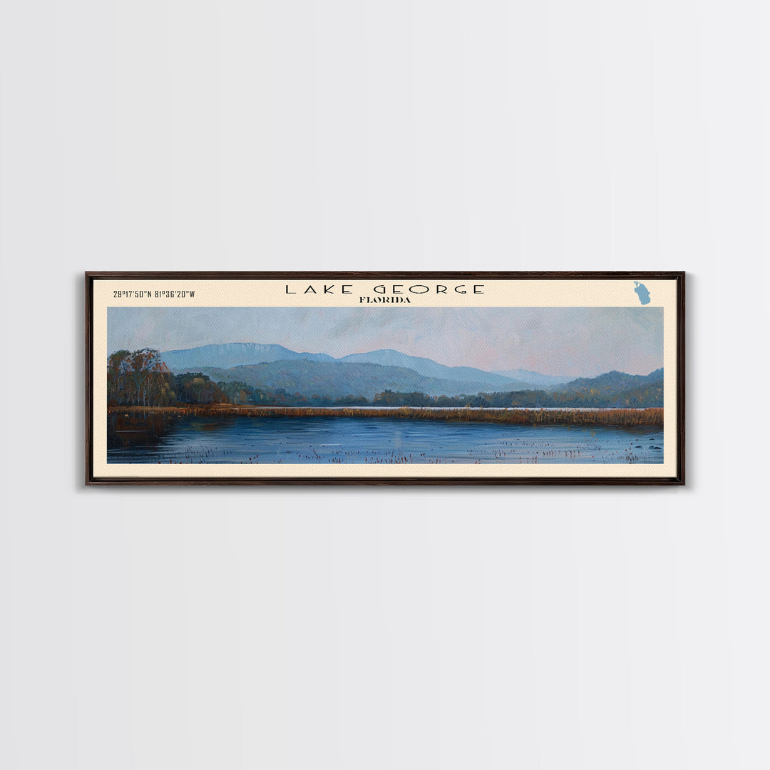 Lake George Framed Canvas Print, Lake House Decor, Panoramic Wall Art, Travel Poster, Serene Lake Painting, Nature Art