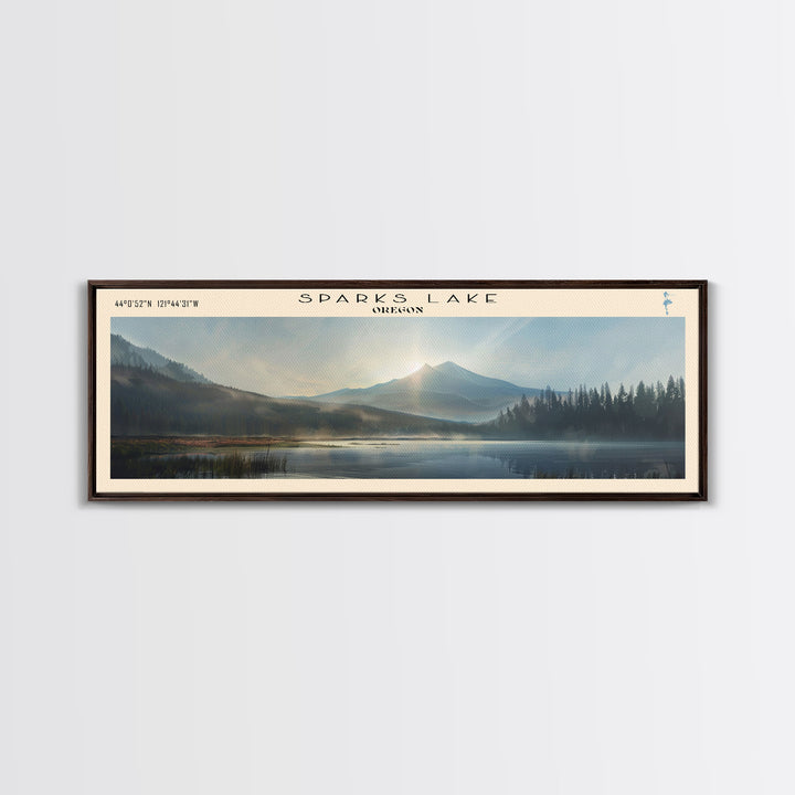 Sparks Lake Oregon Panoramic Framed Canvas Print, Lake House Decor, Wall Art, Travel Poster, Tranquil Landscape, Living Room Decor