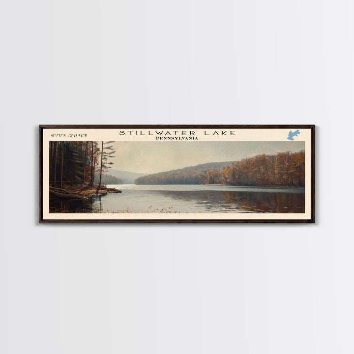 Stillwater Lake Pennsylvania Panoramic Framed Canvas Print, Lake House Decor, Wall Art, Travel Poster, Serene Lake Painting, Living Room Decor