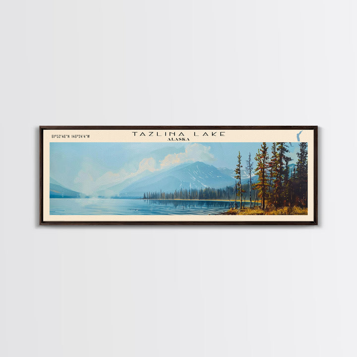 Tazlina Lake Panoramic Wall Art, Framed Canvas Print, Lake House Decor, Travel Poster, Serene Landscape, Living Room Decor, Nature Painting