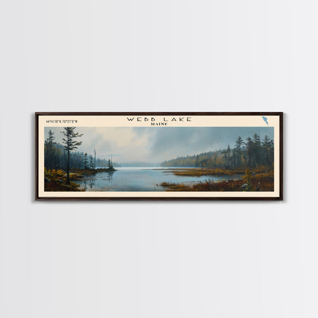 Webb Lake Maine Panoramic Wall Art, Framed Canvas Print, Lake House Decor, Travel Poster, Beautiful Lake Scene, Bedroom Decor