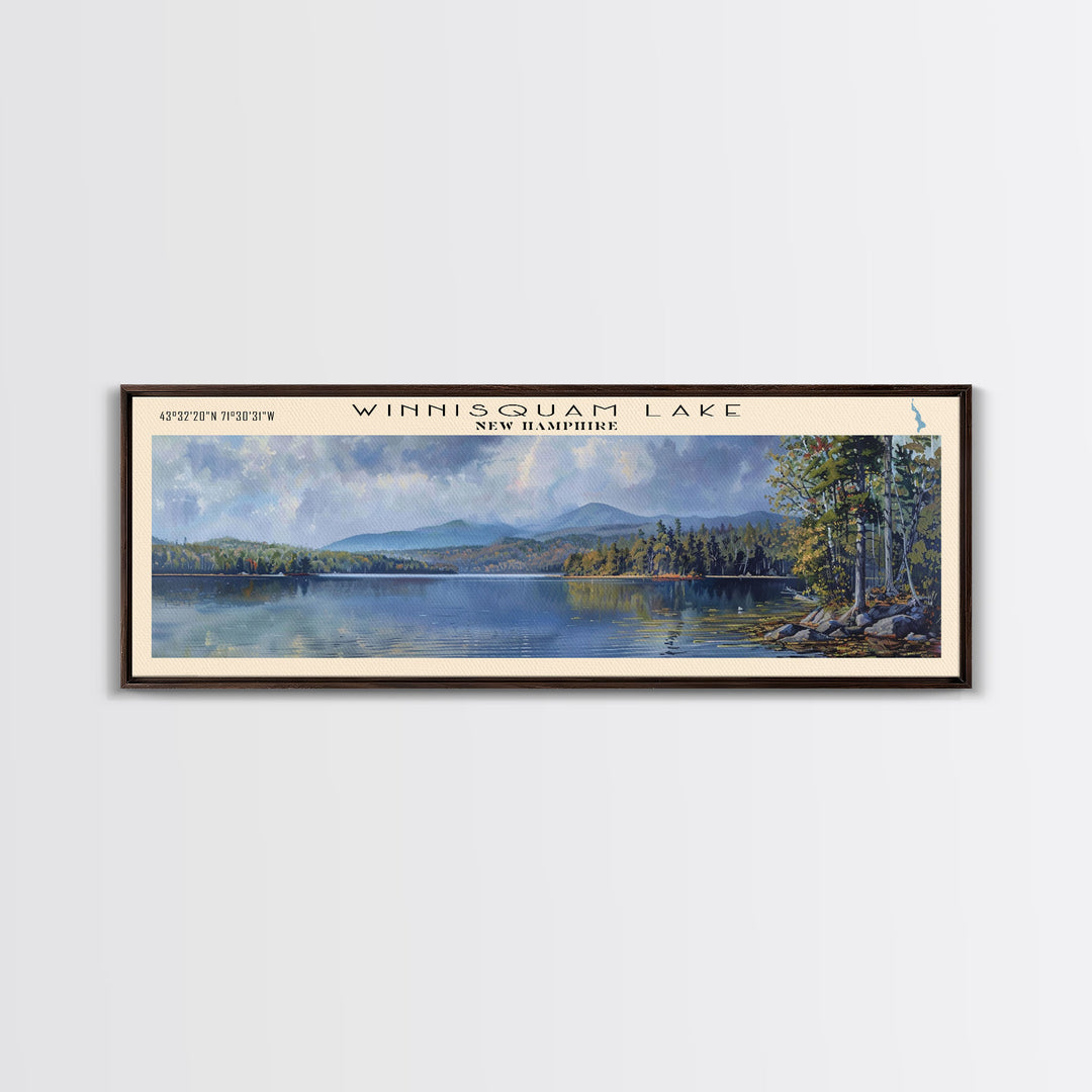 Winnisquam Lake New Hampshire Panoramic Wall Art, Framed Canvas Print, Lake House Decor, Travel Poster, Beautiful Lake Scene, Living Room Art