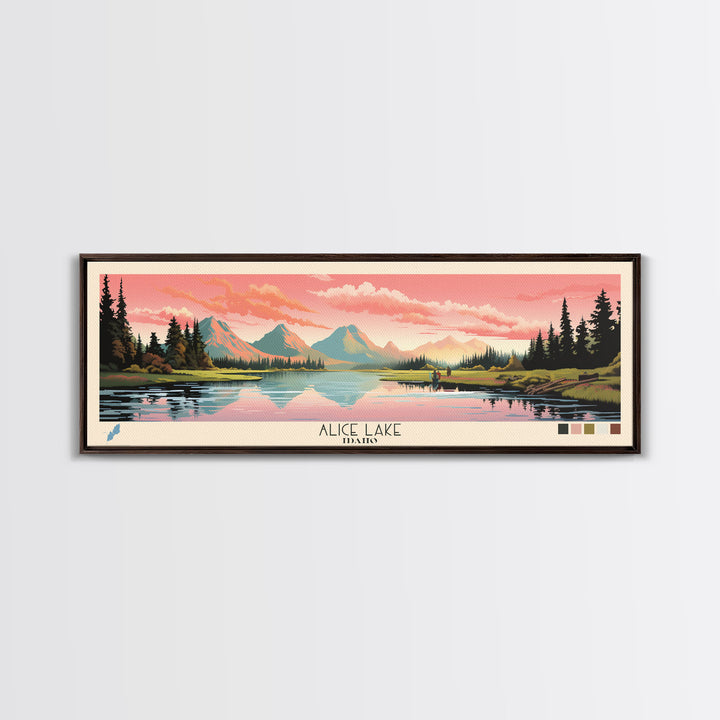 Alice Lake Idaho Framed Canvas Print, Panoramic Wall Art, Midcentury Modern, Pop Art, Travel Poster, Lake House Decor