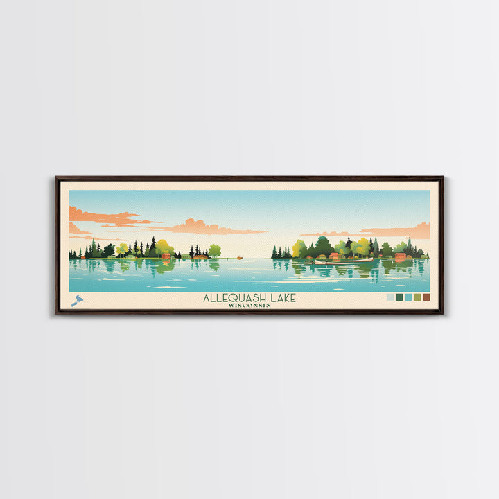 Allequash Lake Wisconsin Framed Canvas Print, Panoramic Wall Art, Midcentury Modern, Pop Art, Travel Poster, Living Room Decor