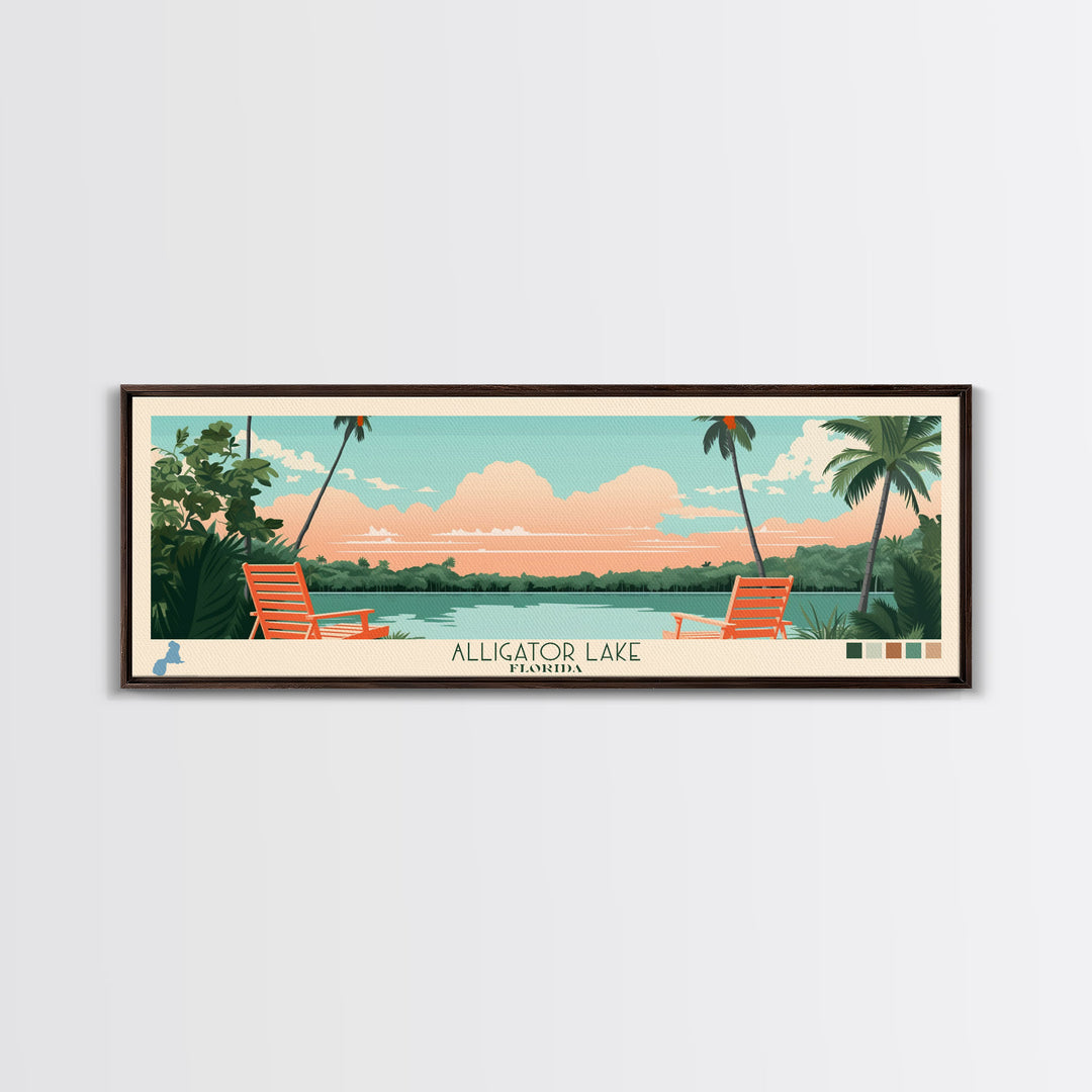 Alligator Lake Florida Framed Canvas Print, Panoramic Travel Poster, Pop Art, Midcentury Modern Wall Art, Scenic Bedroom Decor