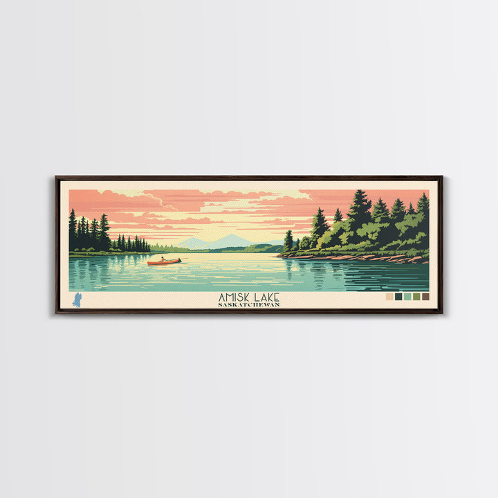 Amisk Lake Saskatchewan Framed Canvas Print, Panoramic Wall Art, Midcentury Modern, Pop Art, Travel Poster, Scenic Living Room Art